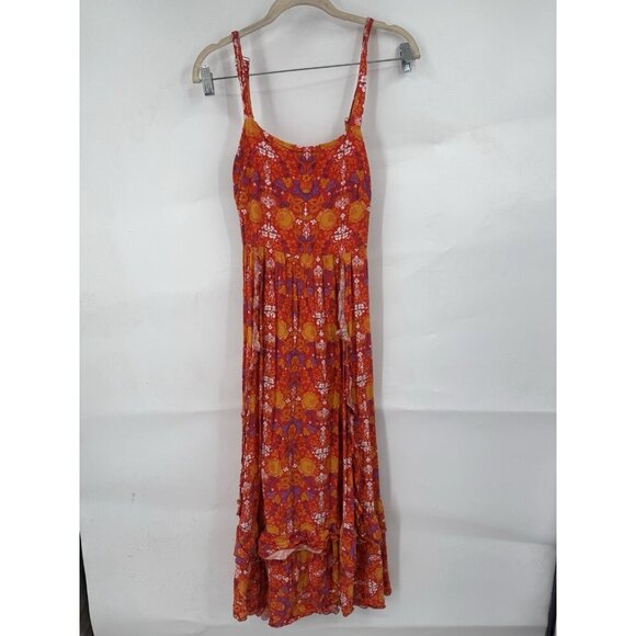 Abel The Label Floral Midi Dress Women Small Orange Red Peasant Prairie Bohemian - Picture 1 of 8